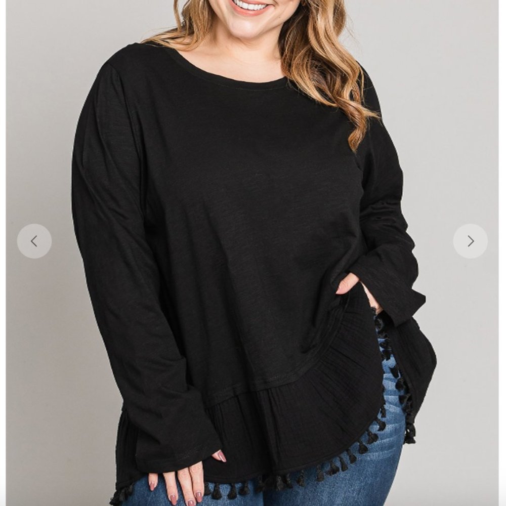 049. Plus Size Women's Washed Cotton Top W/ Fringe Hem